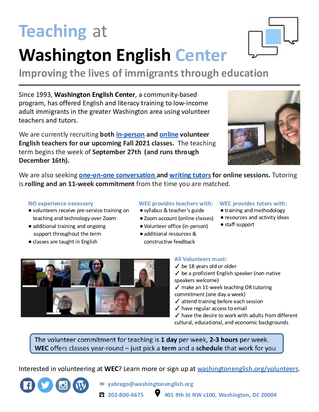 Fall 2021 WEC Volunteer Flyer Washington English Center